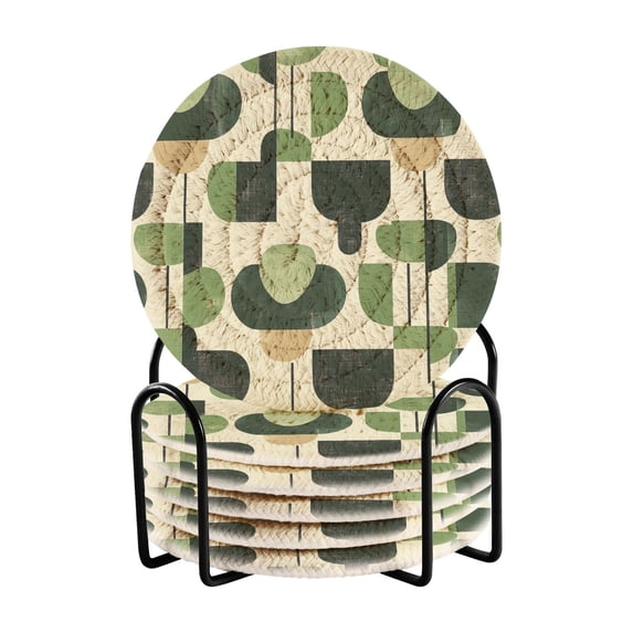 Yayeee 6 PCS Drink Coasters with Holder Set Woven Absorbent Round Tabletop Hot Pad, Green Circle