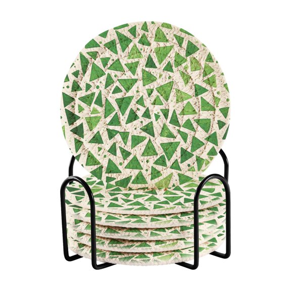 Yayeee 6 PCS Drink Coasters with Holder Set Woven Absorbent Round Tabletop Hot Pad, Green Dot Triangles Pattern