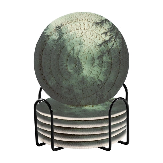 Yayeee 6 PCS Drink Coasters with Holder Set Woven Absorbent Round Tabletop Hot Pad, Green Forest
