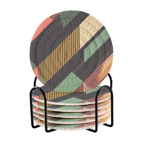 Yayeee 6 PCS Drink Coasters with Holder Set Woven Absorbent Round Tabletop Hot Pad, Green Geometric
