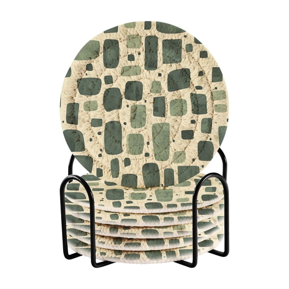 Yayeee 6 PCS Drink Coasters with Holder Set Woven Absorbent Round Tabletop Hot Pad, Green Geometric