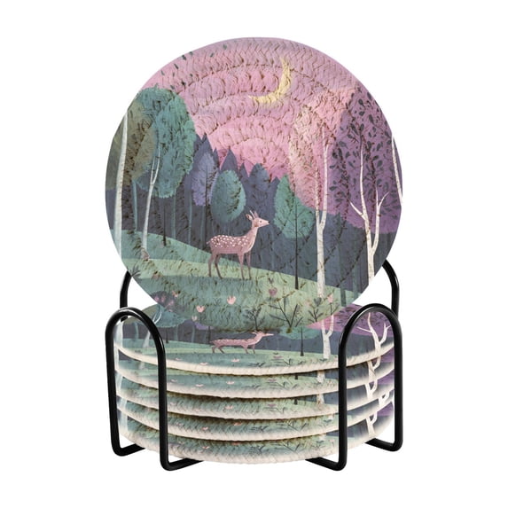 Yayeee 6 PCS Drink Coasters with Holder Set Woven Absorbent Round Tabletop Hot Pad, Green Night Deer