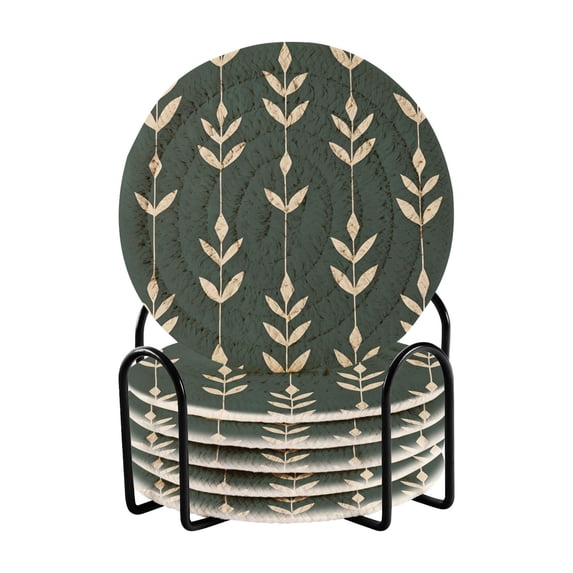Yayeee 6 PCS Drink Coasters with Holder Set Woven Absorbent Round Tabletop Hot Pad, Green Plants