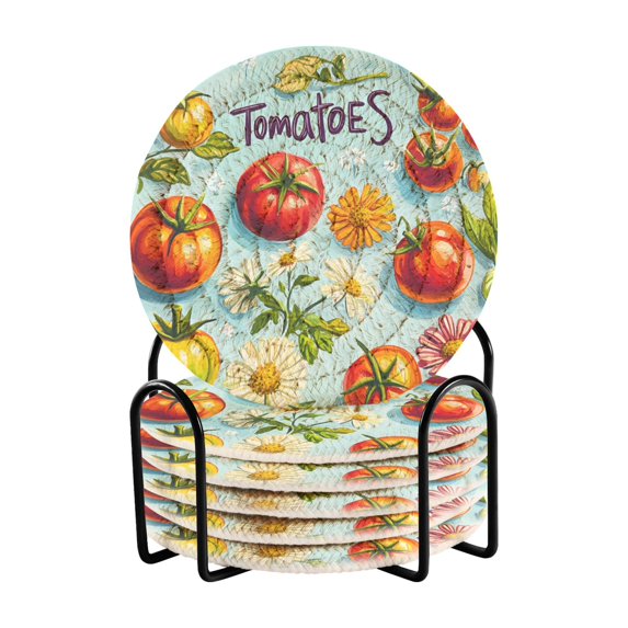Yayeee 6 PCS Drink Coasters with Holder Set Woven Absorbent Round Tabletop Hot Pad, Green Tomatoes