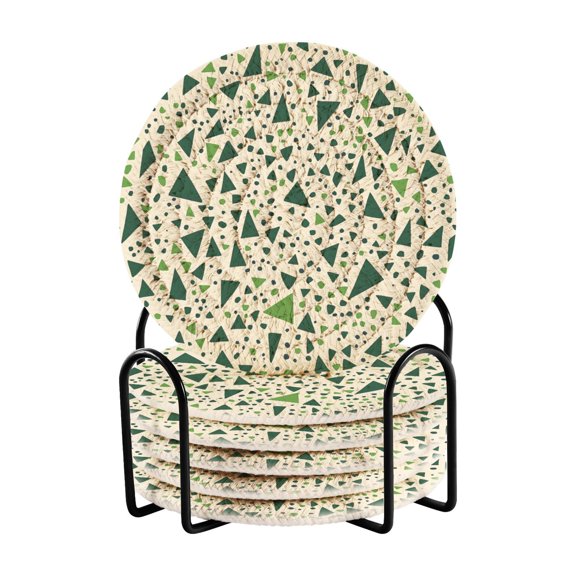 Yayeee 6 PCS Drink Coasters with Holder Set Woven Absorbent Round Tabletop Hot Pad, Green Triangles Pattern