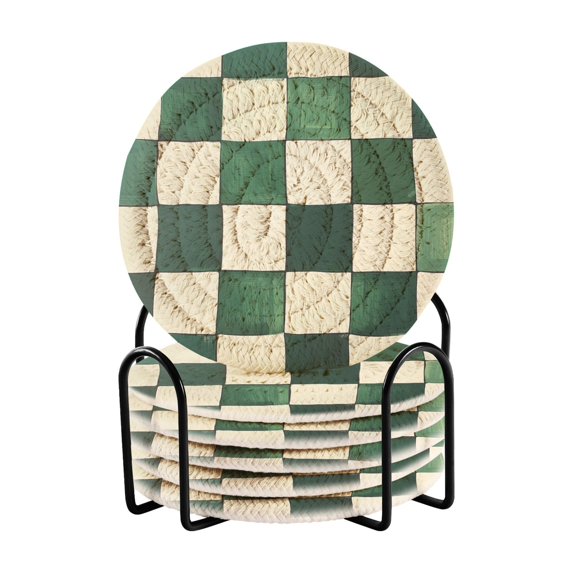 Yayeee 6 PCS Drink Coasters with Holder Set Woven Absorbent Round Tabletop Hot Pad, Green and White Plaid Pattern