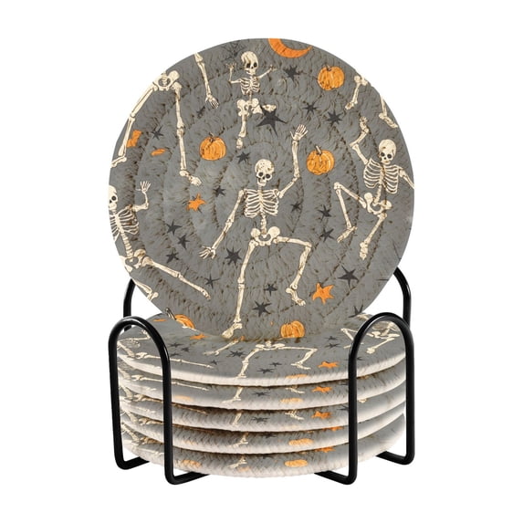 Yayeee 6 PCS Drink Coasters with Holder Set Woven Absorbent Round Tabletop Hot Pad, Halloween Dancing Skeleton