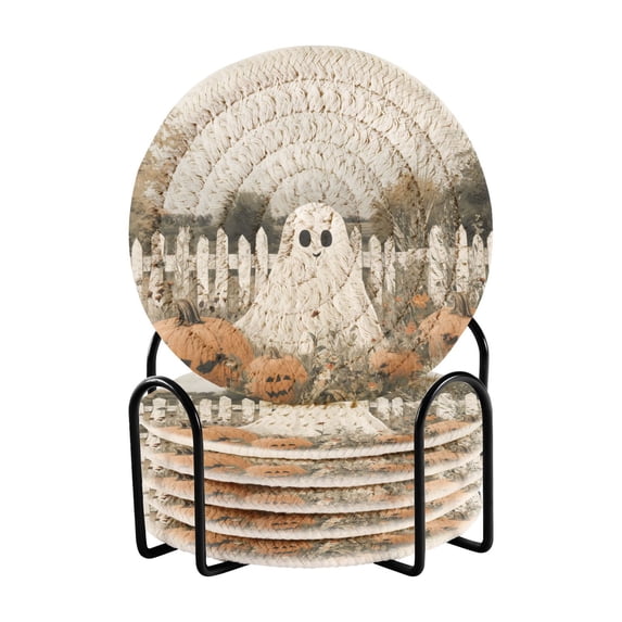 Yayeee 6 PCS Drink Coasters with Holder Set Woven Absorbent Round Tabletop Hot Pad, Halloween Pumpkin Field