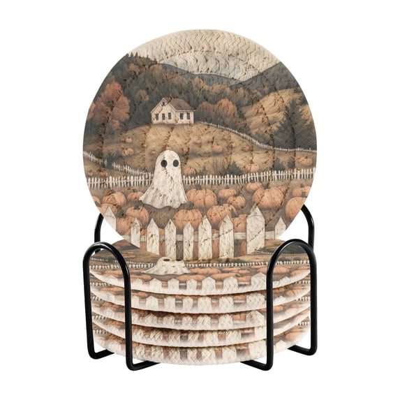 Yayeee 6 PCS Drink Coasters with Holder Set Woven Absorbent Round Tabletop Hot Pad, Halloween Pumpkin