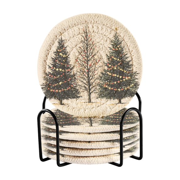Yayeee 6 PCS Drink Coasters with Holder Set Woven Absorbent Round Tabletop Hot Pad, Hand Drawn Christmas Stars