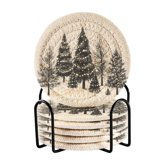 Yayeee 6 PCS Drink Coasters with Holder Set Woven Absorbent Round Tabletop Hot Pad, Hand Drawn Christmas Trees