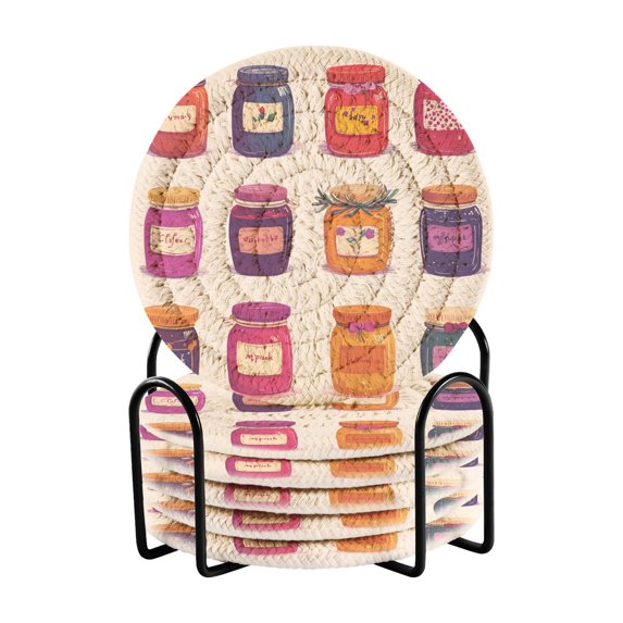 Yayeee 6 PCS Drink Coasters with Holder Set Woven Absorbent Round Tabletop Hot Pad, Jam Jars