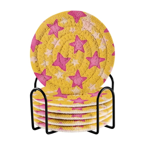 Yayeee 6 PCS Drink Coasters with Holder Set Woven Absorbent Round Tabletop Hot Pad, Large Pink Stars