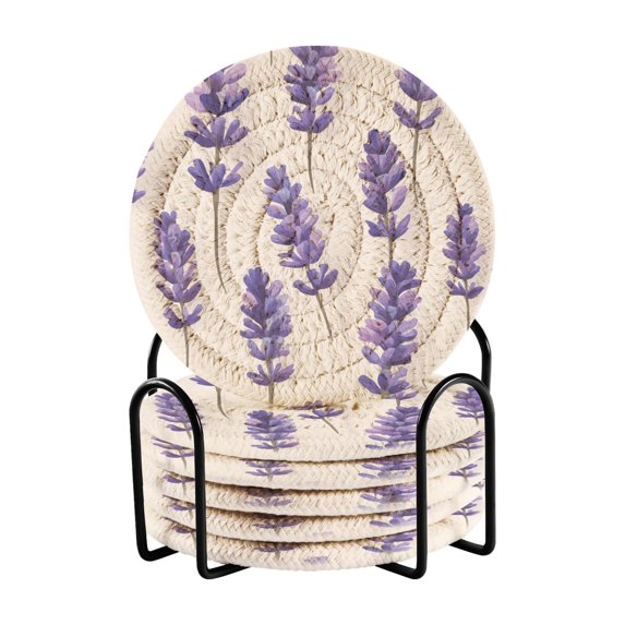 Yayeee 6 PCS Drink Coasters with Holder Set Woven Absorbent Round Tabletop Hot Pad, Lavender Pattern