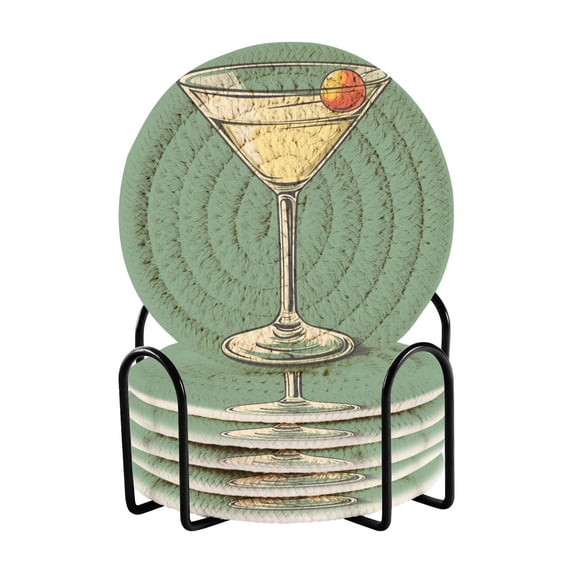 Yayeee 6 PCS Drink Coasters with Holder Set Woven Absorbent Round Tabletop Hot Pad, Lemon Glass
