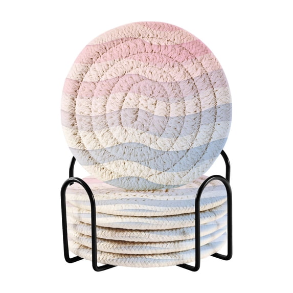 Yayeee 6 PCS Drink Coasters with Holder Set Woven Absorbent Round Tabletop Hot Pad, Light Blue Gradient