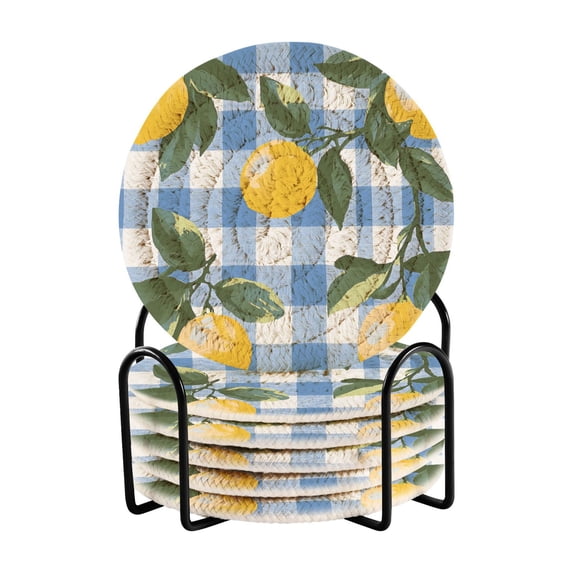 Yayeee 6 PCS Drink Coasters with Holder Set Woven Absorbent Round Tabletop Hot Pad, Light Blue Plaid
