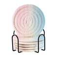 thumbnail image 1 of Yayeee 6 PCS Drink Coasters with Holder Set Woven Absorbent Round Tabletop Hot Pad, Light Blue Stripes, 1 of 7