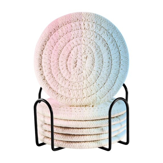 Yayeee 6 PCS Drink Coasters with Holder Set Woven Absorbent Round Tabletop Hot Pad, Light Blue Stripes