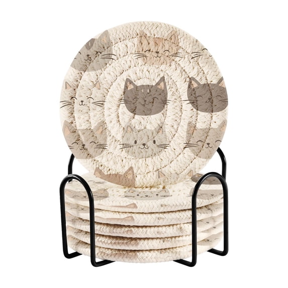 Yayeee 6 PCS Drink Coasters with Holder Set Woven Absorbent Round Tabletop Hot Pad, Light Gray Cat Pattern