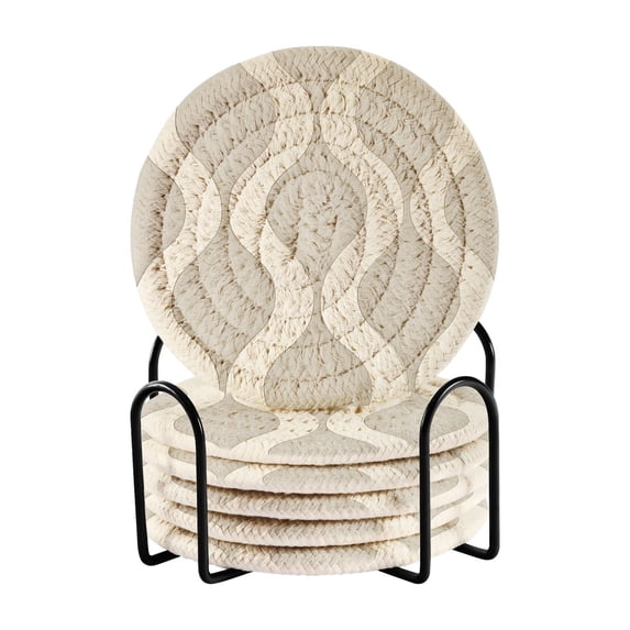 Yayeee 6 PCS Drink Coasters with Holder Set Woven Absorbent Round Tabletop Hot Pad, Light Gray Pattern
