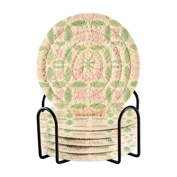 Yayeee 6 PCS Drink Coasters with Holder Set Woven Absorbent Round Tabletop Hot Pad, Light Green Geometric