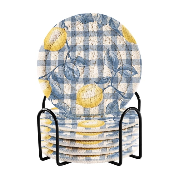 Yayeee 6 PCS Drink Coasters with Holder Set Woven Absorbent Round Tabletop Hot Pad, Light Lemon