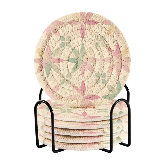 Yayeee 6 PCS Drink Coasters with Holder Set Woven Absorbent Round Tabletop Hot Pad, Light Pink Geometric