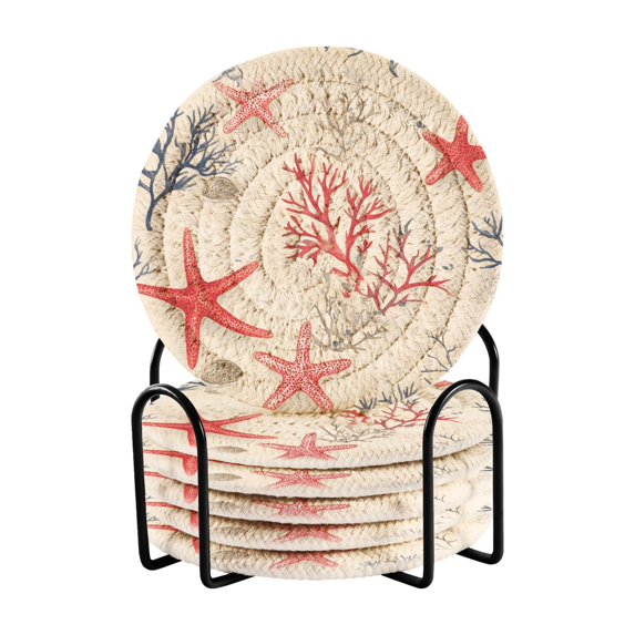 Yayeee 6 PCS Drink Coasters with Holder Set Woven Absorbent Round Tabletop Hot Pad, Light Red Starfish
