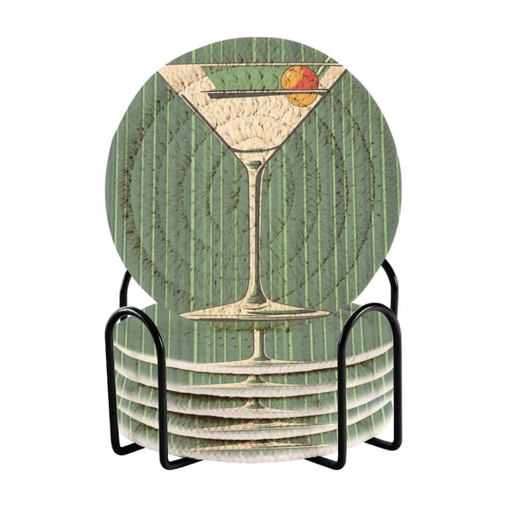 Yayeee 6 PCS Drink Coasters with Holder Set Woven Absorbent Round Tabletop Hot Pad, Martini Olive