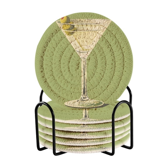 Yayeee 6 PCS Drink Coasters with Holder Set Woven Absorbent Round Tabletop Hot Pad, Martini with Olive