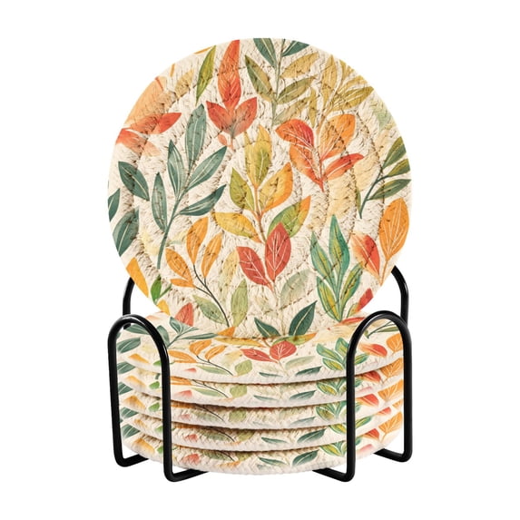 Yayeee 6 PCS Drink Coasters with Holder Set Woven Absorbent Round Tabletop Hot Pad, Orange Autumn Leaves