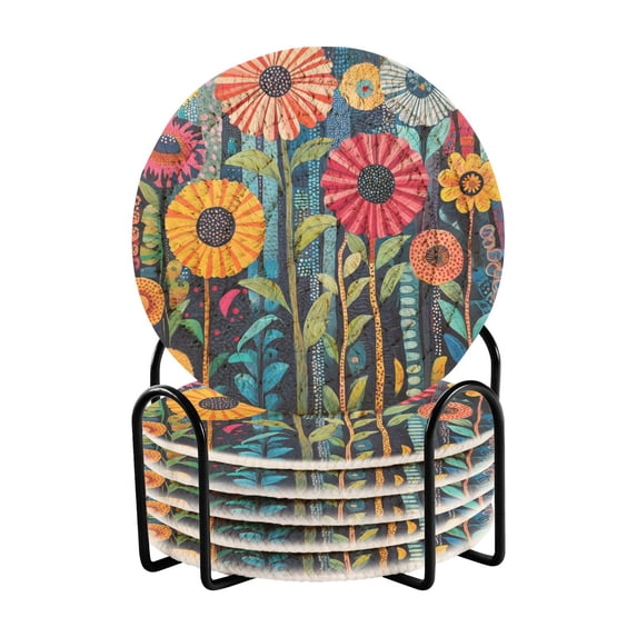 Yayeee 6 PCS Drink Coasters with Holder Set Woven Absorbent Round Tabletop Hot Pad, Orange Colorful Flowers