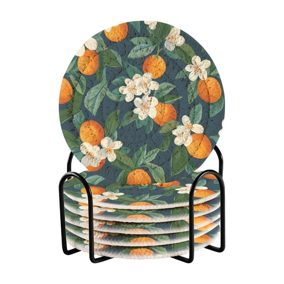Yayeee 6 PCS Drink Coasters with Holder Set Woven Absorbent Round Tabletop Hot Pad, Orange Fruit
