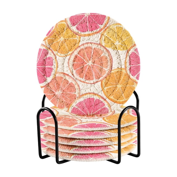 Yayeee 6 PCS Drink Coasters with Holder Set Woven Absorbent Round Tabletop Hot Pad, Orange Grapefruit Slices