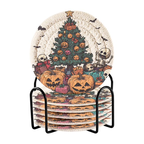 Yayeee 6 PCS Drink Coasters with Holder Set Woven Absorbent Round Tabletop Hot Pad, Orange Halloween Trees