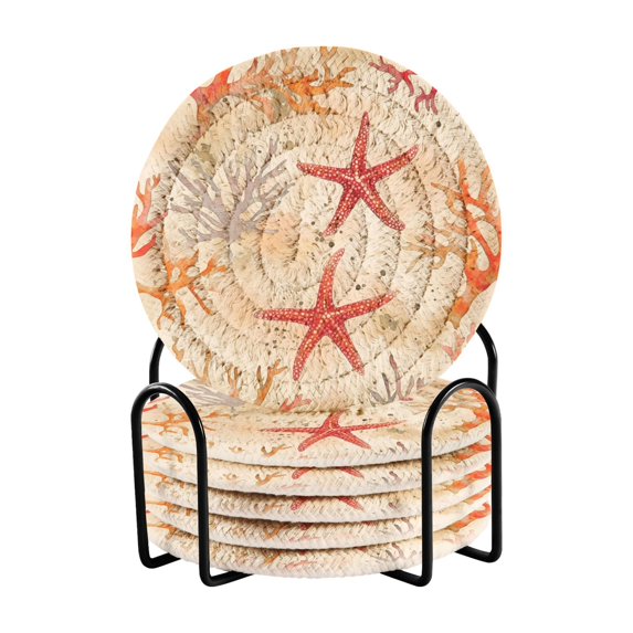 Yayeee 6 PCS Drink Coasters with Holder Set Woven Absorbent Round Tabletop Hot Pad, Orange Starfish