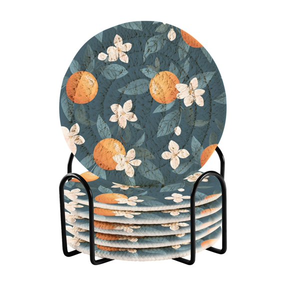 Yayeee 6 PCS Drink Coasters with Holder Set Woven Absorbent Round Tabletop Hot Pad, Oranges Pattern