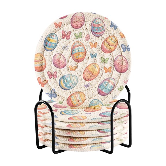 Yayeee 6 PCS Drink Coasters with Holder Set Woven Absorbent Round Tabletop Hot Pad, Pastel Easter Pattern