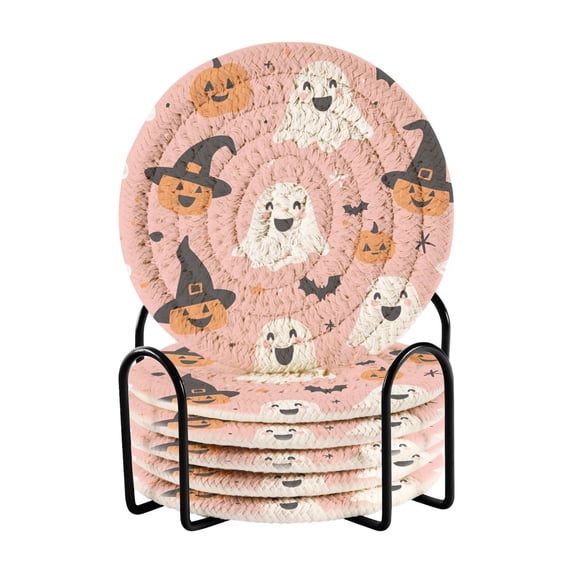 Yayeee 6 PCS Drink Coasters with Holder Set Woven Absorbent Round Tabletop Hot Pad, Pastel Pink Halloween