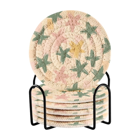 Yayeee 6 PCS Drink Coasters with Holder Set Woven Absorbent Round Tabletop Hot Pad, Pastel Pink Stars