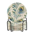 thumbnail image 1 of Yayeee 6 PCS Drink Coasters with Holder Set Woven Absorbent Round Tabletop Hot Pad, Peacock Feather, 1 of 7