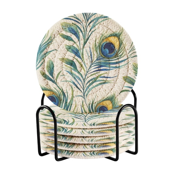 Yayeee 6 PCS Drink Coasters with Holder Set Woven Absorbent Round Tabletop Hot Pad, Peacock Feather