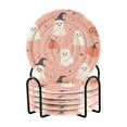 thumbnail image 1 of Yayeee 6 PCS Drink Coasters with Holder Set Woven Absorbent Round Tabletop Hot Pad, Pink Cartoon Halloween, 1 of 7