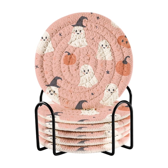 Yayeee 6 PCS Drink Coasters with Holder Set Woven Absorbent Round Tabletop Hot Pad, Pink Cartoon Halloween