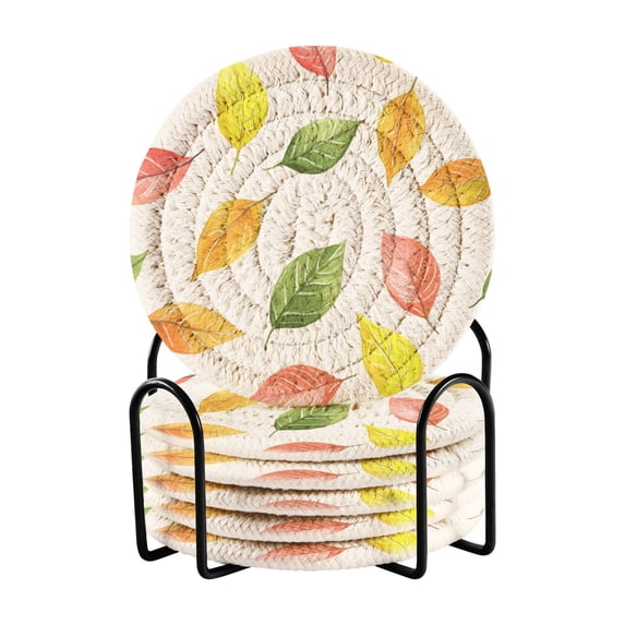 Yayeee 6 PCS Drink Coasters with Holder Set Woven Absorbent Round Tabletop Hot Pad, Pink Colorful Leaves