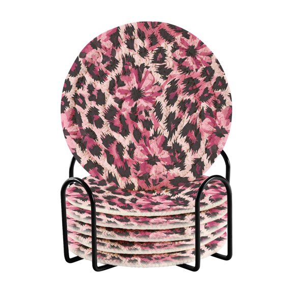 Yayeee 6 PCS Drink Coasters with Holder Set Woven Absorbent Round Tabletop Hot Pad, Pink Floral Leopard Pattern