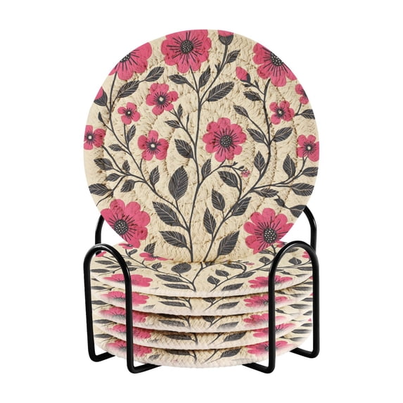 Yayeee 6 PCS Drink Coasters with Holder Set Woven Absorbent Round Tabletop Hot Pad, Pink Flowers