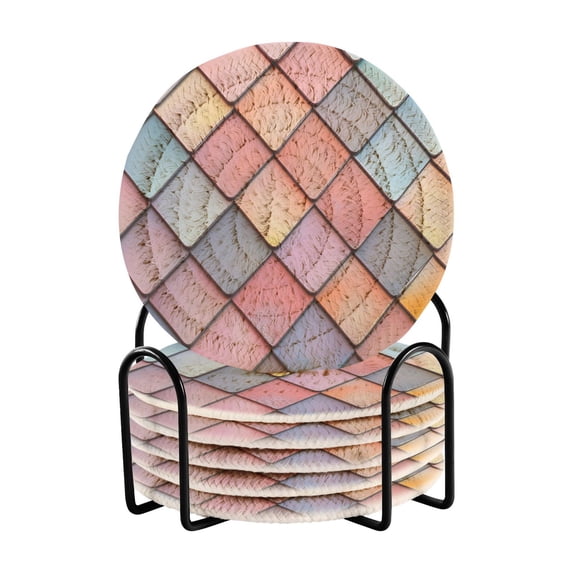 Yayeee 6 PCS Drink Coasters with Holder Set Woven Absorbent Round Tabletop Hot Pad, Pink Shimmering Pattern