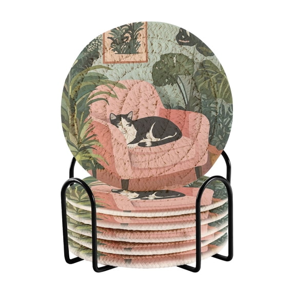 Yayeee 6 PCS Drink Coasters with Holder Set Woven Absorbent Round Tabletop Hot Pad, Pink Sleeping Cat